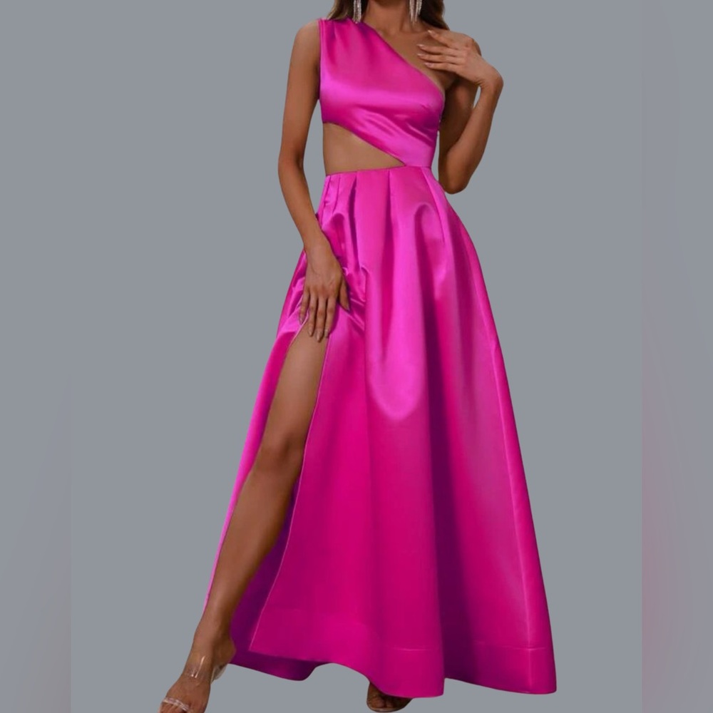 Pink cutout satin fit and flare maxi dress